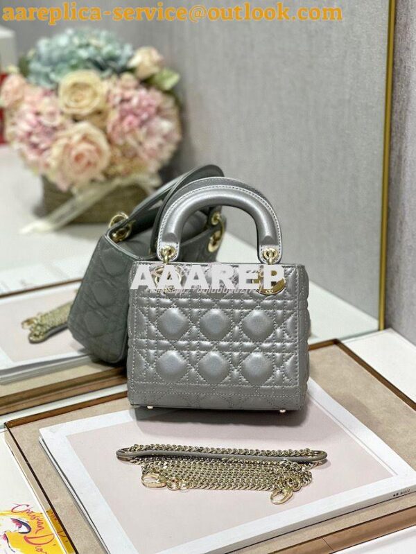 Replica DIor Mini lady dior bag with chain in opal grey pearly cannage 12