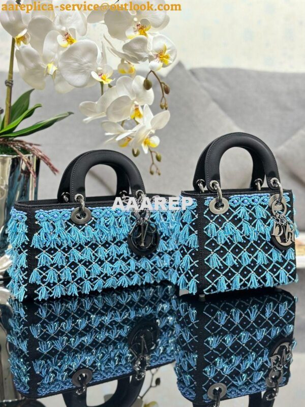 Replica Dior Mini Lady Dior Black Satin Embroidered with Turquoise Bea 3