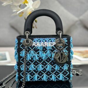 Replica Dior Mini Lady Dior Black Satin Embroidered with Turquoise Bea 2