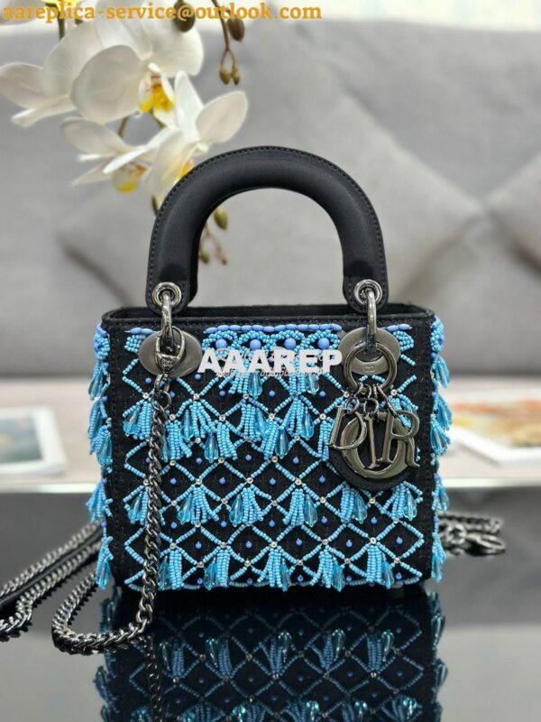 Replica Dior Mini Lady Dior Black Satin Embroidered with Turquoise Bea 4