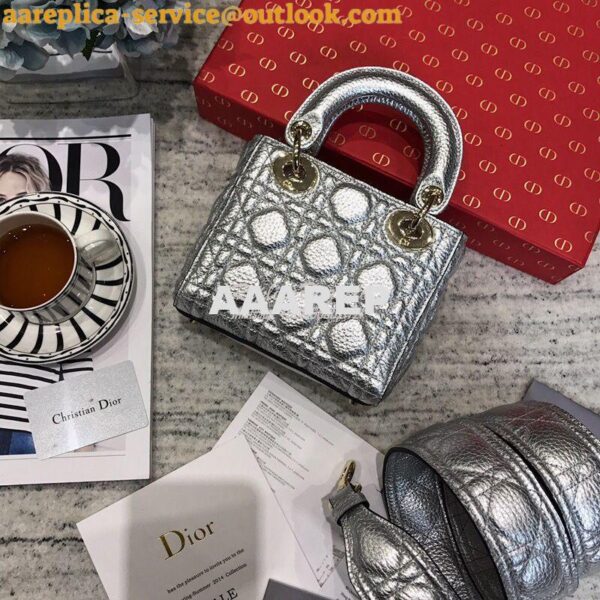 Replica Dior Mini Lady Dior in Grained Calfskin Metallic Silver 10