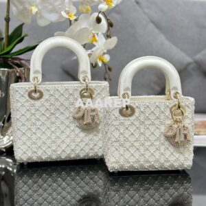 Replica Dior Mini Lady Dior Latte Calfskin Embroidered with Resin Pear