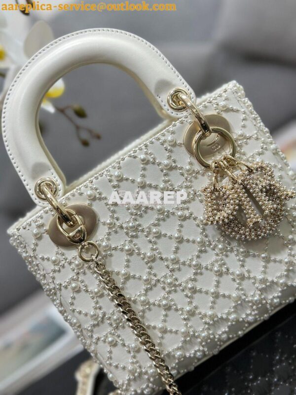 Replica Dior Mini Lady Dior Latte Calfskin Embroidered with Resin Pear 5