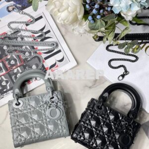 Replica Dior Mini Lady Dior Stone Grey Cannage Calfskin with Diamond M