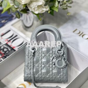 Replica Dior Mini Lady Dior Stone Grey Cannage Calfskin with Diamond M 2