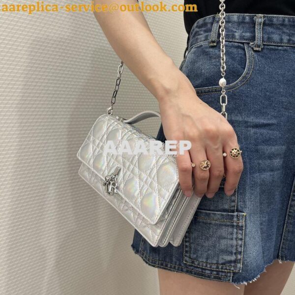 Replica Dior Miss Dior Mini Bag Iridescent Metallic Silver-Tone Cannag 12