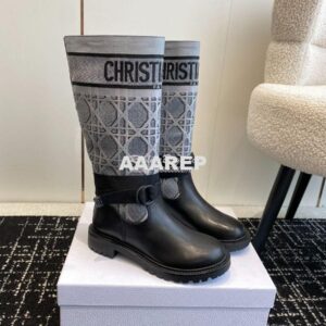 Replica Dior D-Major Boot Black Calfskin with Grey Cannage Tweed KDI98 2