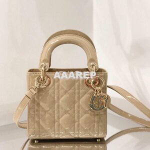 Replica Dior Quilted Beige Patent Leather Mini Lady Dior Bag