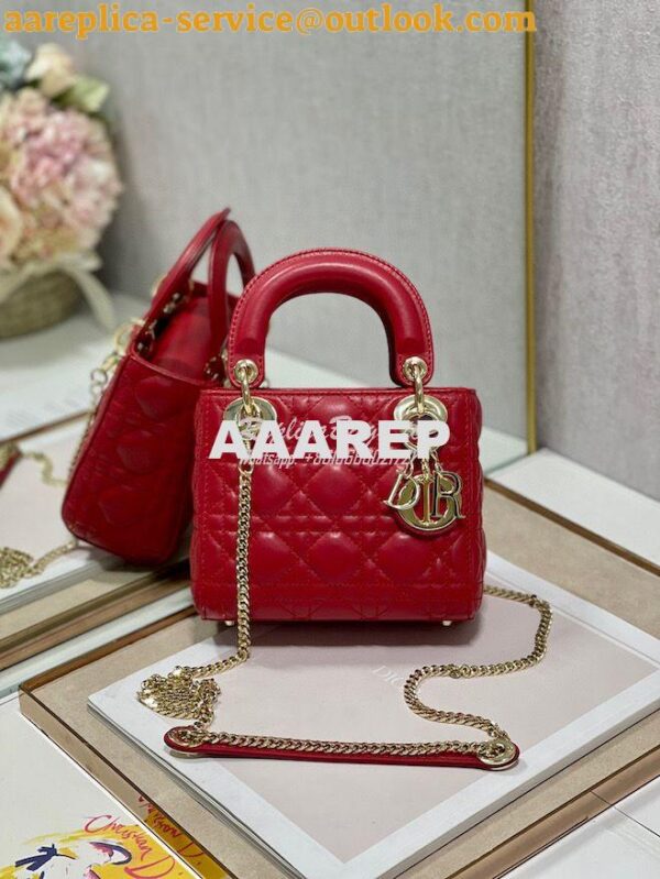 Replica Dior Quilted Cherry Red Lambskin Leather Mini Lady Dior Bag 3