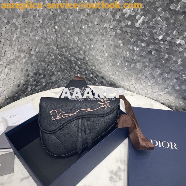 Replica Dior Saddle Bag Black Grained Calfskin with 'Christian Dior 19 3