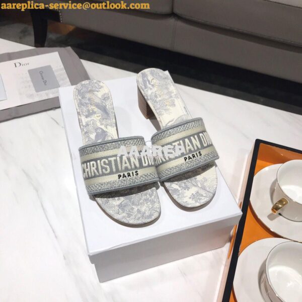 Replica Dior DWAY Heeled Mule Toile De Jouy Embroidery KCQ24 Gray 5