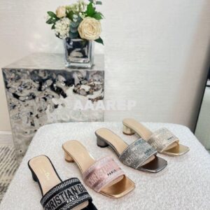 Replica Dior DWAY Heeled Slide Black Cotton Embroidered With Metallic