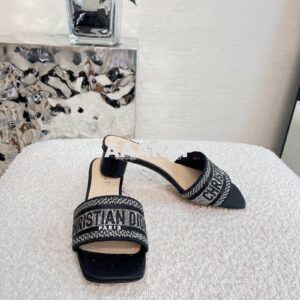 Replica Dior DWAY Heeled Slide Black Cotton Embroidered With Metallic 2