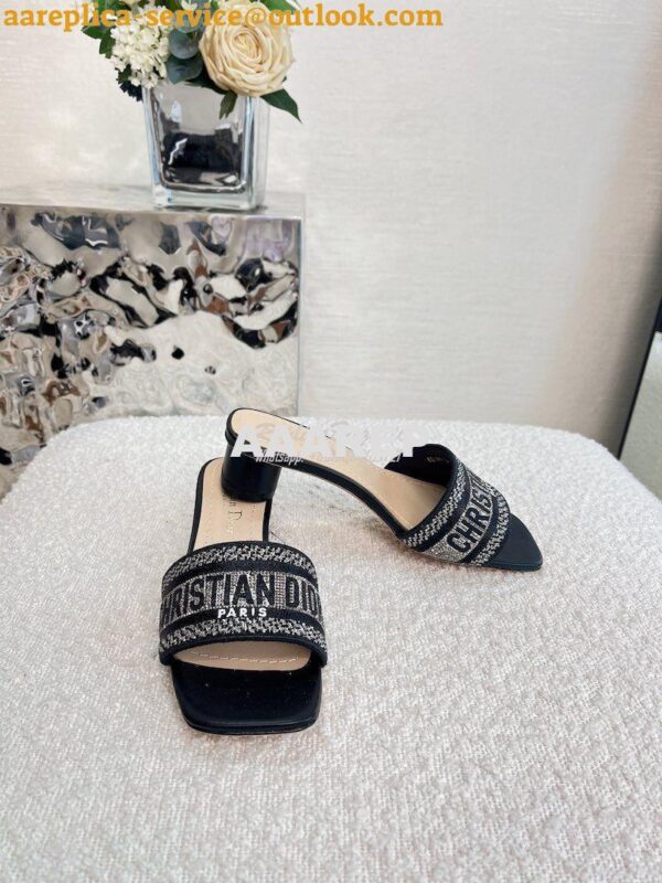 Replica Dior DWAY Heeled Slide Black Cotton Embroidered With Metallic 4