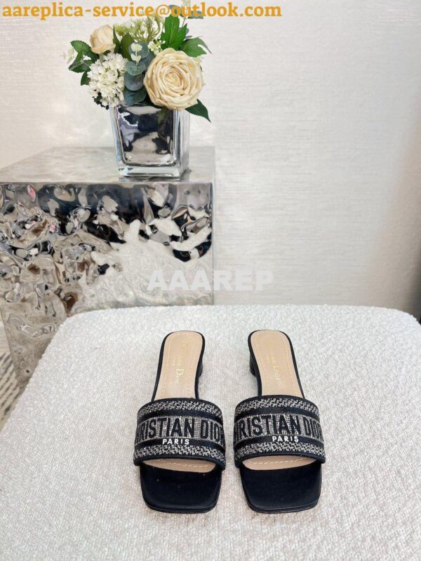 Replica Dior DWAY Heeled Slide Black Cotton Embroidered With Metallic 5