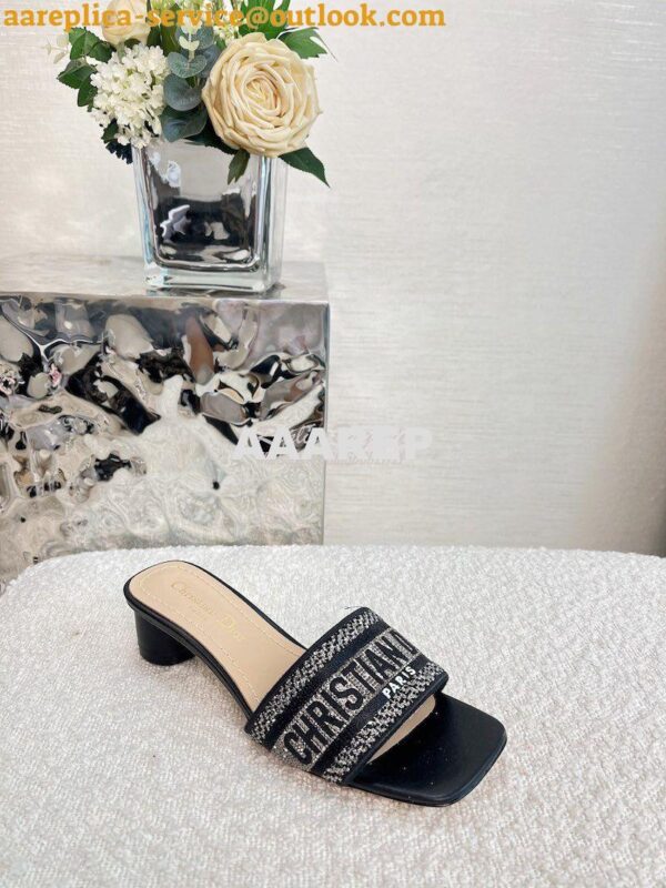 Replica Dior DWAY Heeled Slide Black Cotton Embroidered With Metallic 6