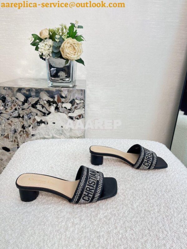 Replica Dior DWAY Heeled Slide Black Cotton Embroidered With Metallic 7