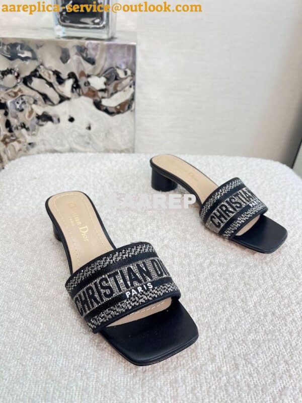 Replica Dior DWAY Heeled Slide Black Cotton Embroidered With Metallic 8