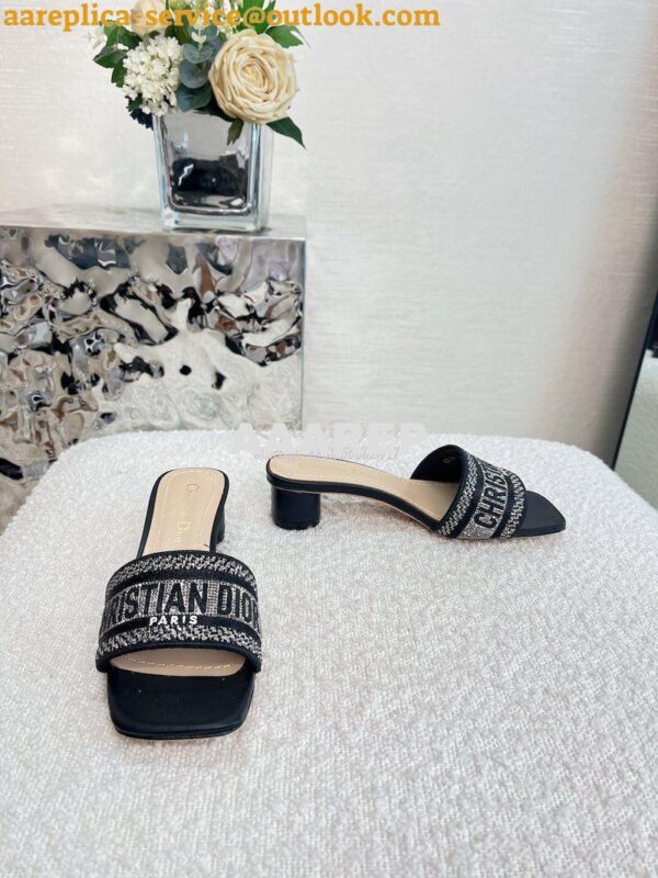 Replica Dior DWAY Heeled Slide Black Cotton Embroidered With Metallic 9