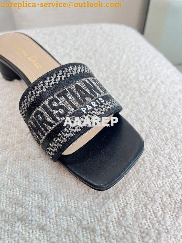 Replica Dior DWAY Heeled Slide Black Cotton Embroidered With Metallic 10