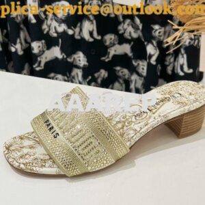 Replica Dior DWAY Heeled Slide Cotton Embroidered with Metallic Thread 2