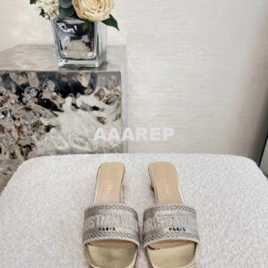 Replica Dior DWAY Heeled Slide Gold Cotton Embroidered With Metallic T