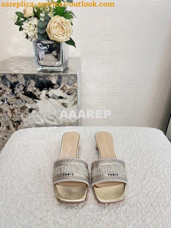 Replica Dior DWAY Heeled Slide Gold Cotton Embroidered With Metallic T 3