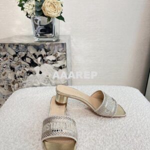 Replica Dior DWAY Heeled Slide Gold Cotton Embroidered With Metallic T 2