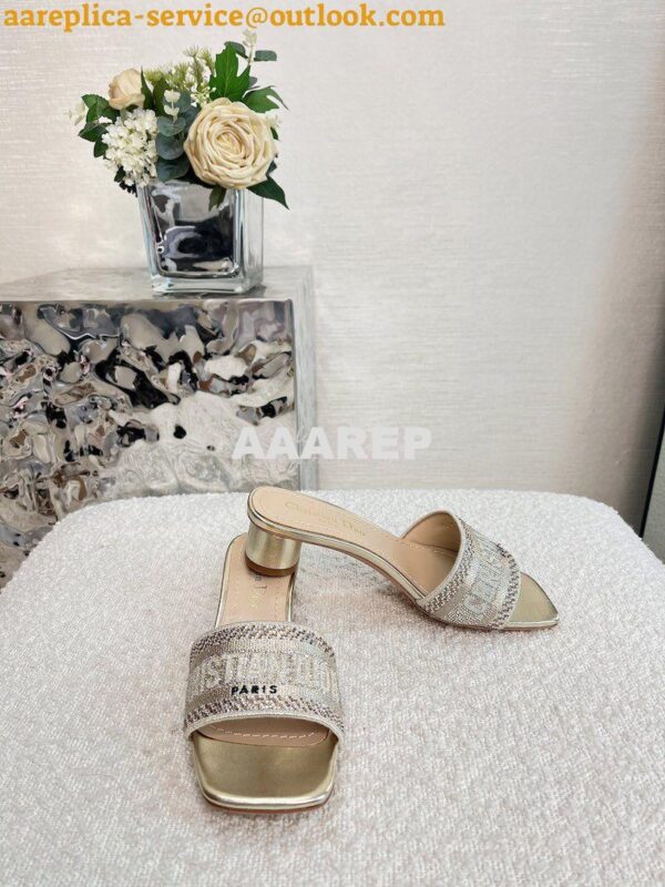 Replica Dior DWAY Heeled Slide Gold Cotton Embroidered With Metallic T 4