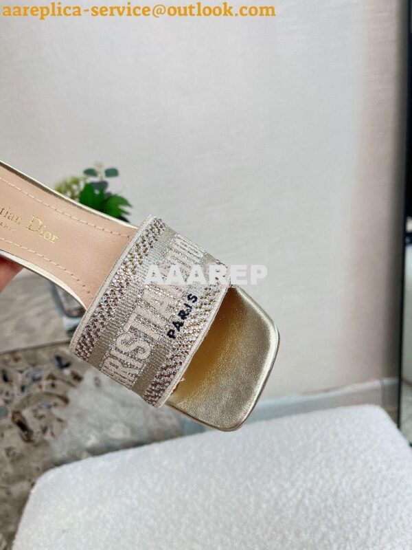 Replica Dior DWAY Heeled Slide Gold Cotton Embroidered With Metallic T 5