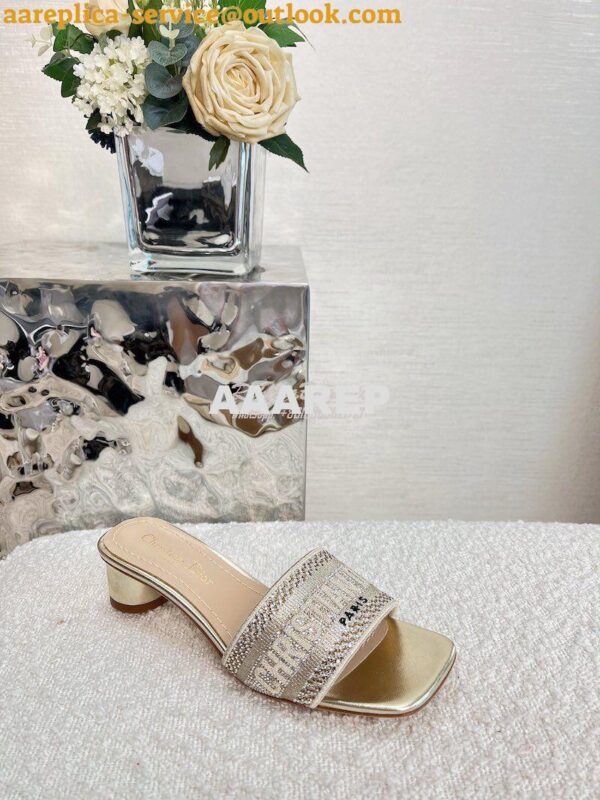 Replica Dior DWAY Heeled Slide Gold Cotton Embroidered With Metallic T 6