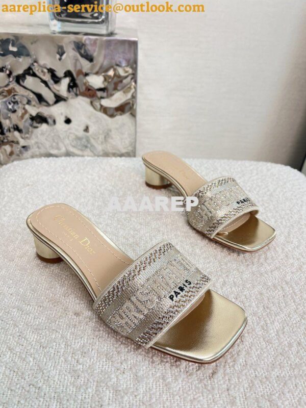 Replica Dior DWAY Heeled Slide Gold Cotton Embroidered With Metallic T 9