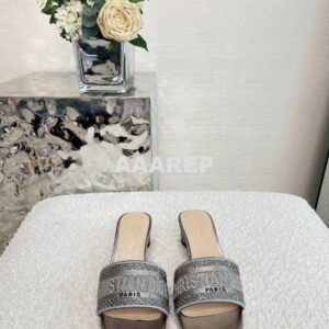 Replica Dior DWAY Heeled Slide Silver Cotton Embroidered With Metallic