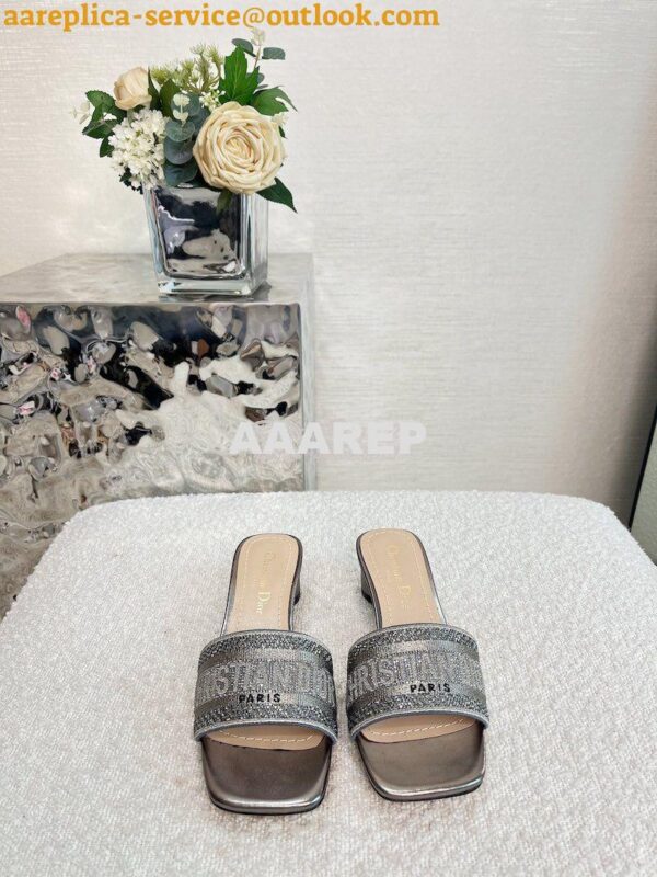 Replica Dior DWAY Heeled Slide Silver Cotton Embroidered With Metallic 3