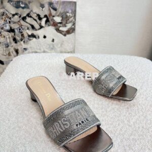 Replica Dior DWAY Heeled Slide Silver Cotton Embroidered With Metallic 2