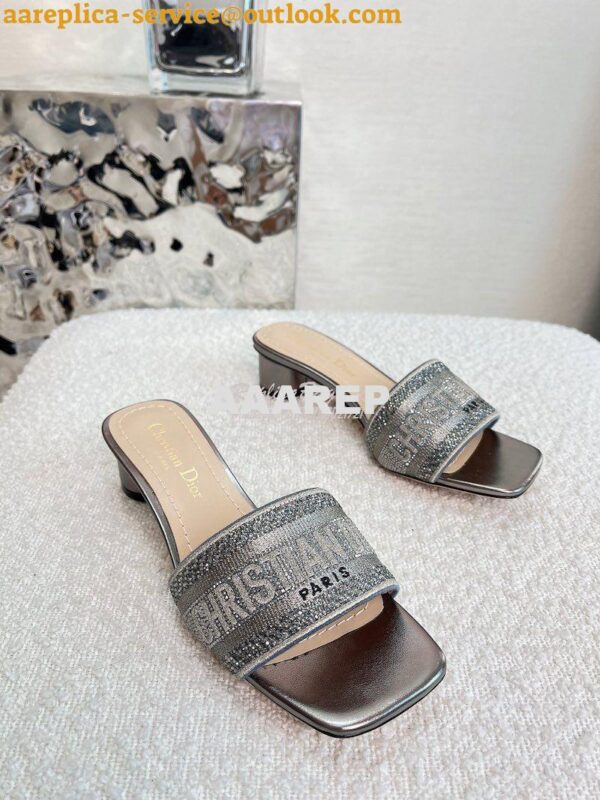 Replica Dior DWAY Heeled Slide Silver Cotton Embroidered With Metallic 4