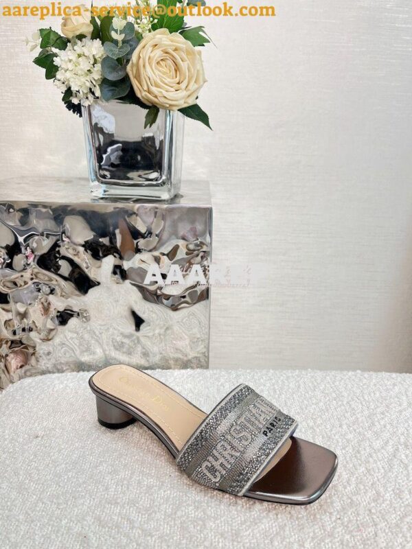 Replica Dior DWAY Heeled Slide Silver Cotton Embroidered With Metallic 5