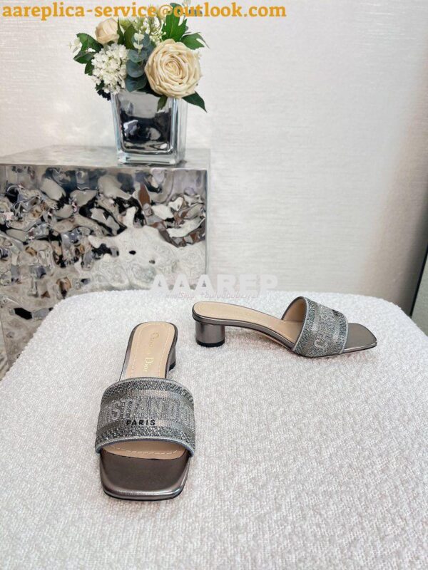 Replica Dior DWAY Heeled Slide Silver Cotton Embroidered With Metallic 6