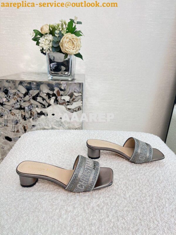 Replica Dior DWAY Heeled Slide Silver Cotton Embroidered With Metallic 7