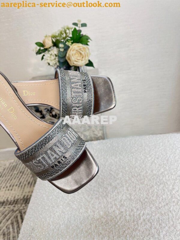 Replica Dior DWAY Heeled Slide Silver Cotton Embroidered With Metallic 8