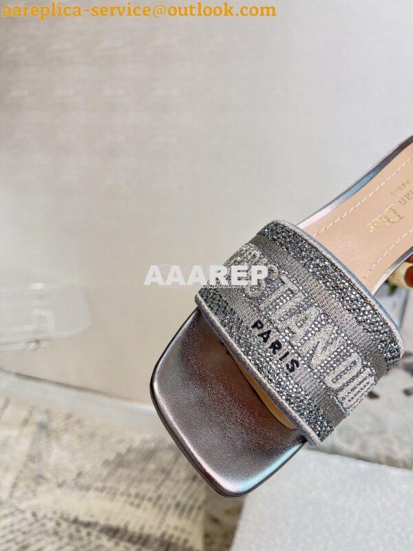 Replica Dior DWAY Heeled Slide Silver Cotton Embroidered With Metallic 9