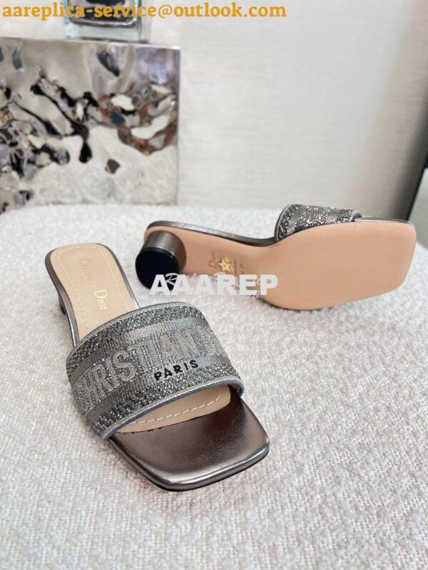 Replica Dior DWAY Heeled Slide Silver Cotton Embroidered With Metallic 11