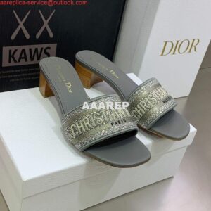 Replica Dior Women's Shoes Dway Heeled Slide Metallic Thread Strass KCQ244LCS Gray 2