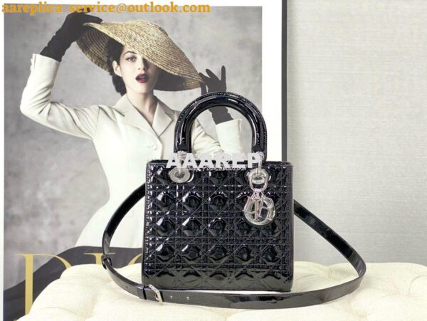 Replica Dior Small Lady Dior Bag Cannage Patent Calfskin M0531 Black w 3