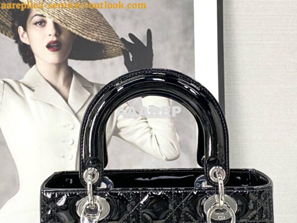 Replica Dior Small Lady Dior Bag Cannage Patent Calfskin M0531 Black w 6