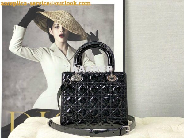 Replica Dior Small Lady Dior Bag Cannage Patent Calfskin M0531 Black w 11