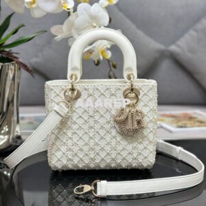 Replica Dior Small Lady Dior Latte Calfskin Embroidered with Resin Pea