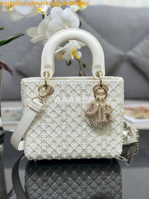 Replica Dior Small Lady Dior Latte Calfskin Embroidered with Resin Pea 4