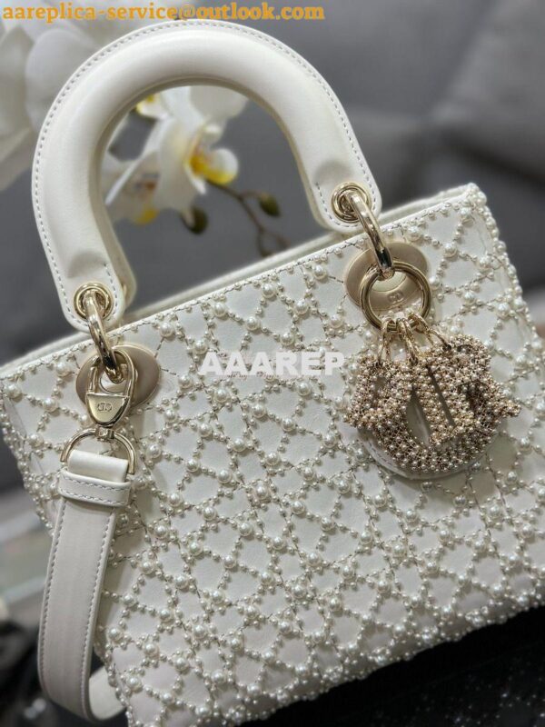 Replica Dior Small Lady Dior Latte Calfskin Embroidered with Resin Pea 5