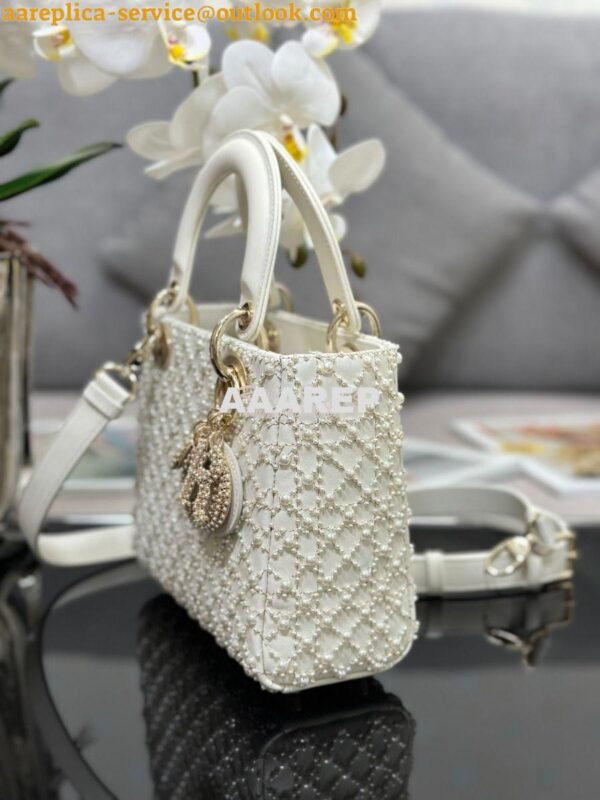 Replica Dior Small Lady Dior Latte Calfskin Embroidered with Resin Pea 7